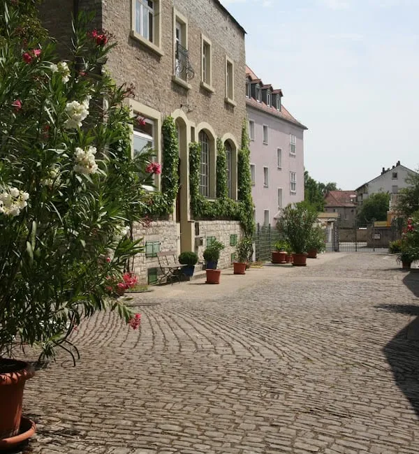 Der gepflasterte Innenhof von Gut Wilhelmsberg mit Kübelpflanzen.